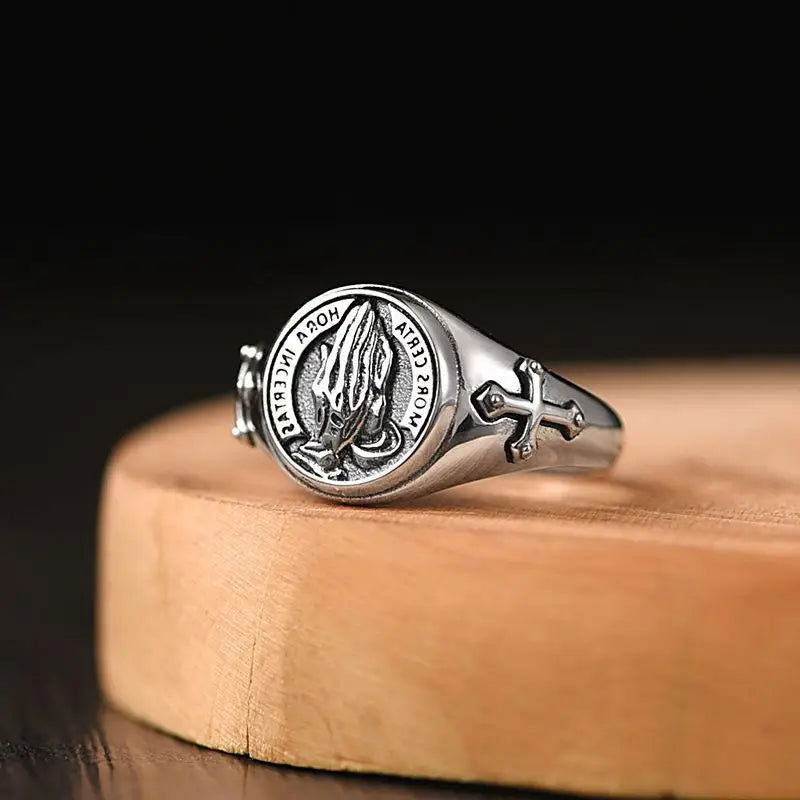 Praying Hands Mens Cross Ring - Silver - Unisex - Adjustable - That Rock Aesthetic