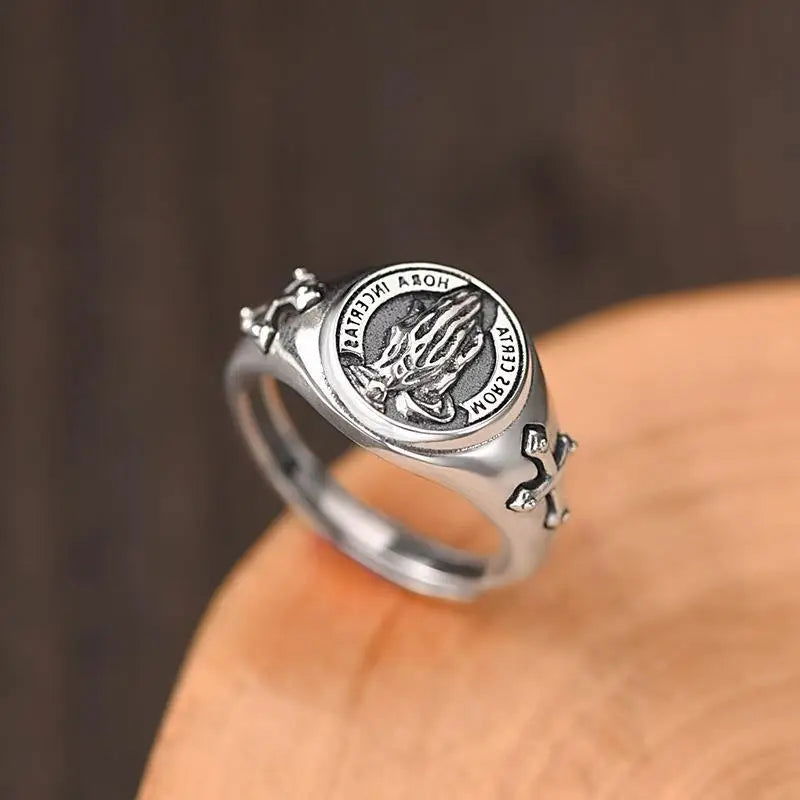 Praying Hands Mens Cross Ring - Silver - Unisex - Adjustable - That Rock Aesthetic