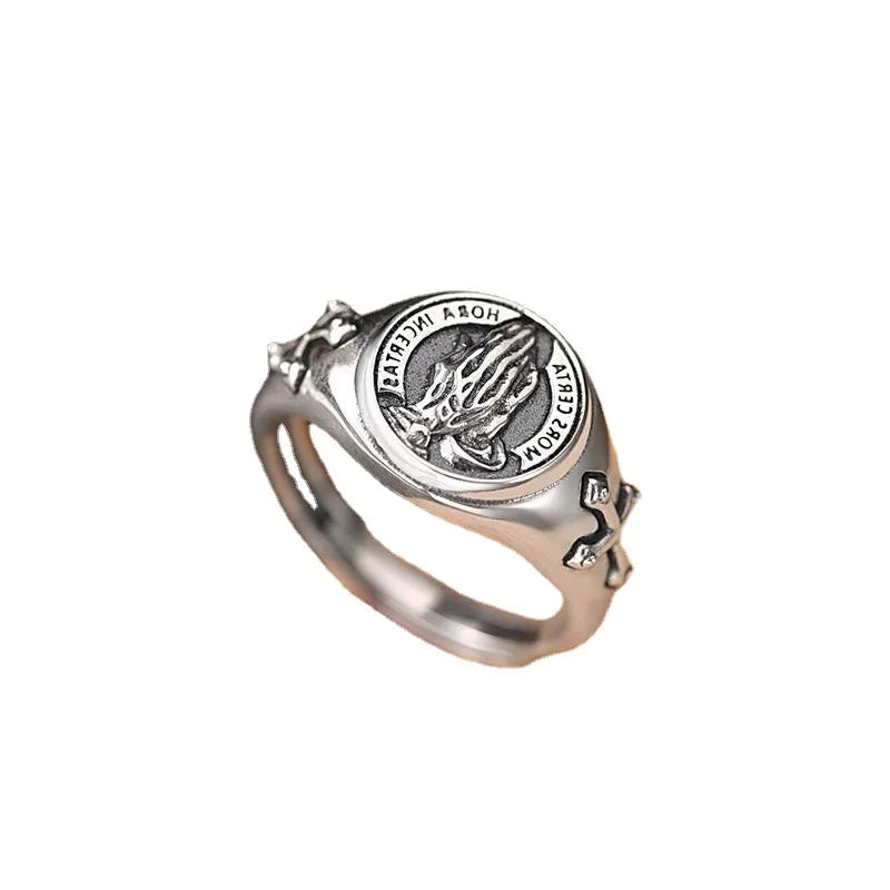 Praying Hands Mens Cross Ring - Silver - Unisex - Adjustable - That Rock Aesthetic