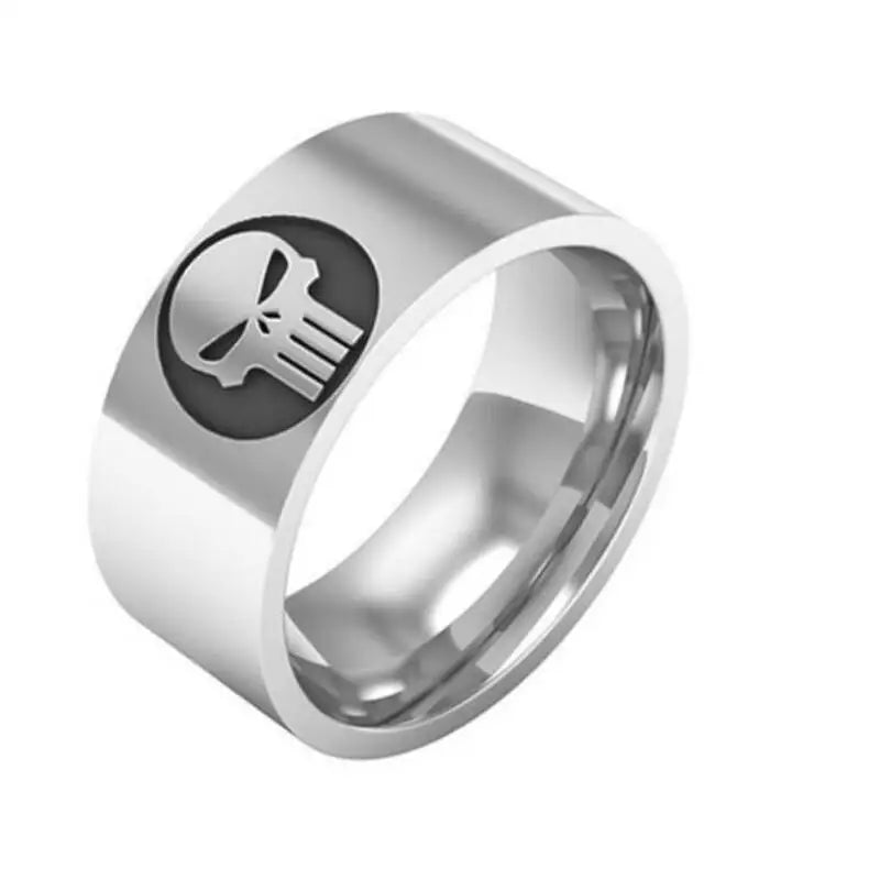 Punisher Skull Logo Superhero Mens Marvel Ring - Titanium Steel Silver & Black - Unisex - That Rock Aesthetic