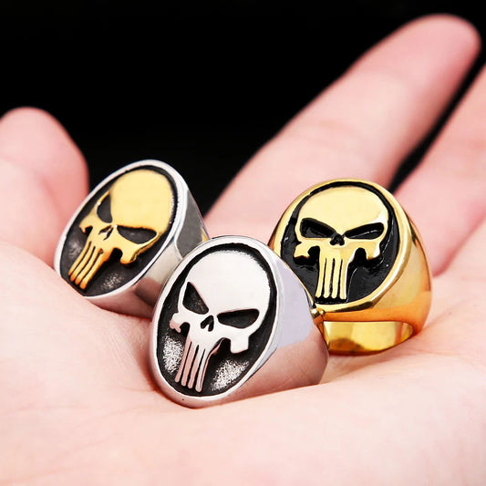 Punisher Skull Signet Superhero Mens Marvel Ring - Stainless Steel Silver & Gold - Unisex - That Rock Aesthetic