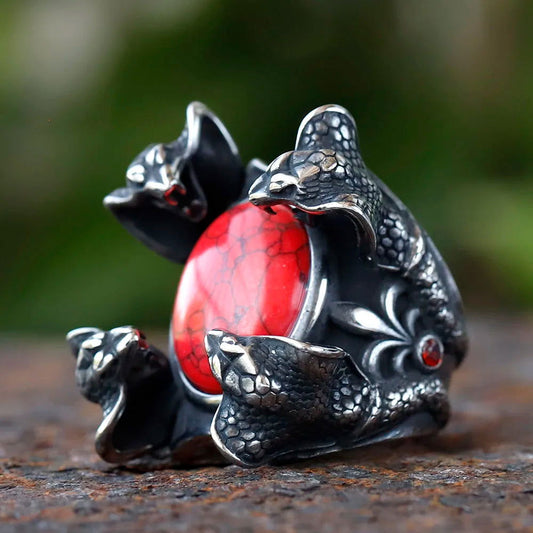 Red Onyx Gemstone Snake Ring Mens - Stainless Steel Silver - Unisex - That Rock Aesthetic