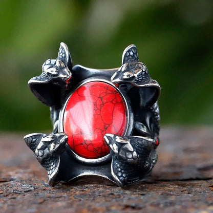 Red Onyx Gemstone Snake Ring Mens - Stainless Steel Silver - Unisex - That Rock Aesthetic