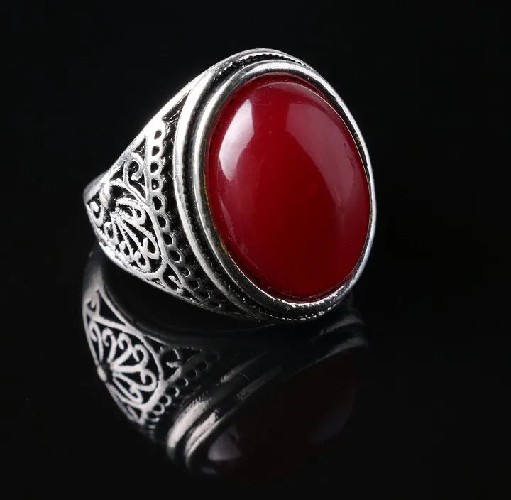 Red Onyx Round Mens Gemstone Ring - Silver - Unisex - That Rock Aesthetic