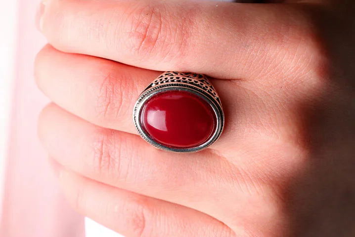 Red Onyx Round Mens Gemstone Ring - Silver - Unisex - That Rock Aesthetic