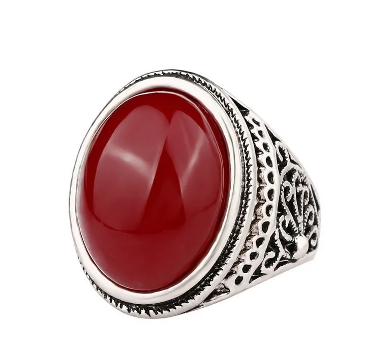 Red Onyx Round Mens Gemstone Ring - Silver - Unisex - That Rock Aesthetic