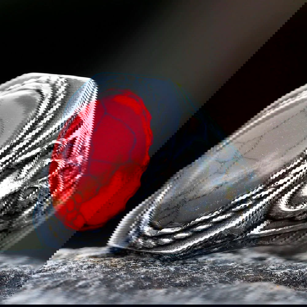 Red Onyx Skull Snake Mens Gemstone Ring - Stainless Steel Silver - Unisex - That Rock Aesthetic