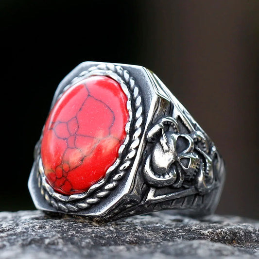 Red Onyx Skull Snake Mens Gemstone Ring - Stainless Steel Silver - Unisex - That Rock Aesthetic