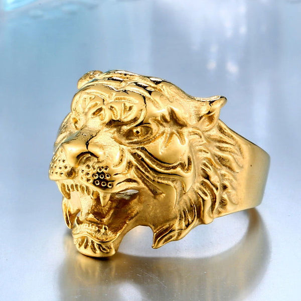 Roaring Mens Tiger Ring Stainless Steel Silver, Gold Black