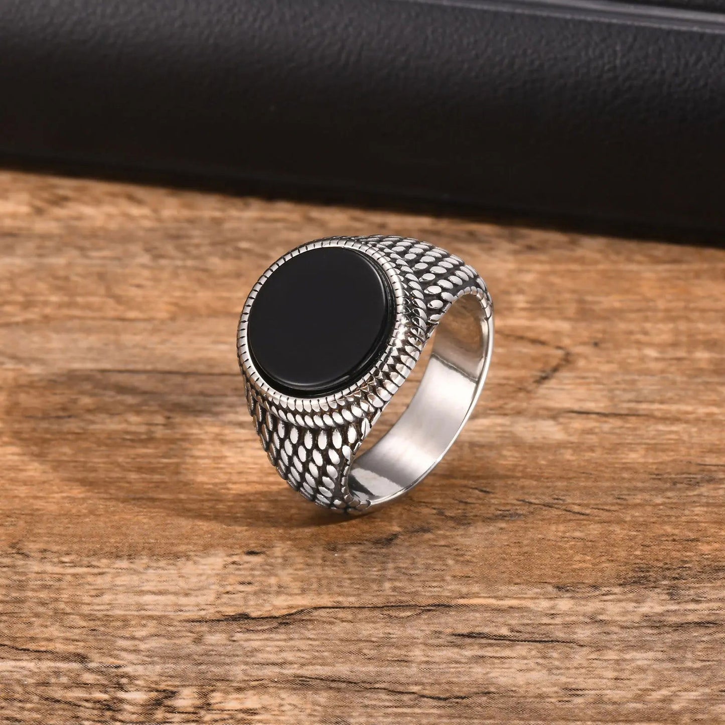 Round Mens Black Onyx Ring - Stainless Steel Silver - Unisex - That Rock Aesthetic