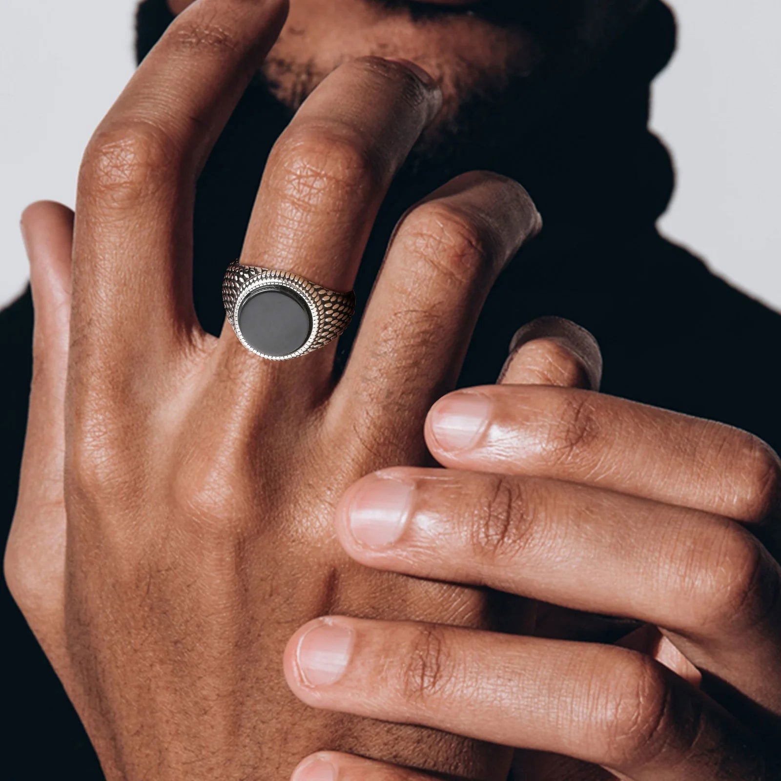Round Mens Black Onyx Ring - Stainless Steel Silver - Unisex - That Rock Aesthetic