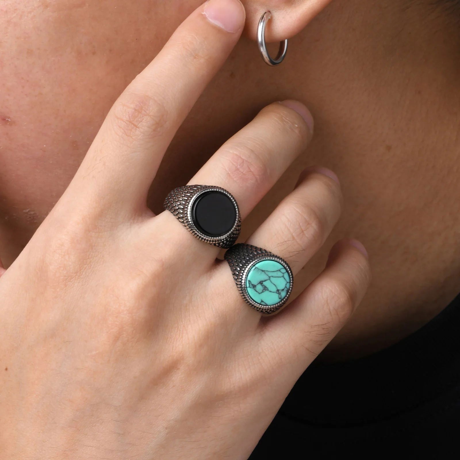 Round Mens Black Onyx Ring - Stainless Steel Silver - Unisex - That Rock Aesthetic