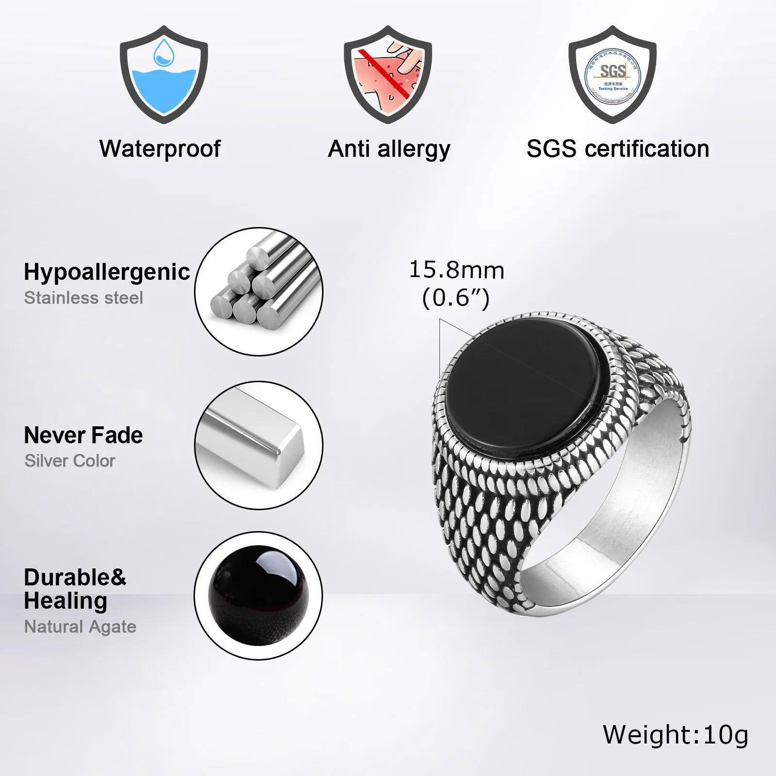 Round Mens Black Onyx Ring - Stainless Steel Silver - Unisex - That Rock Aesthetic