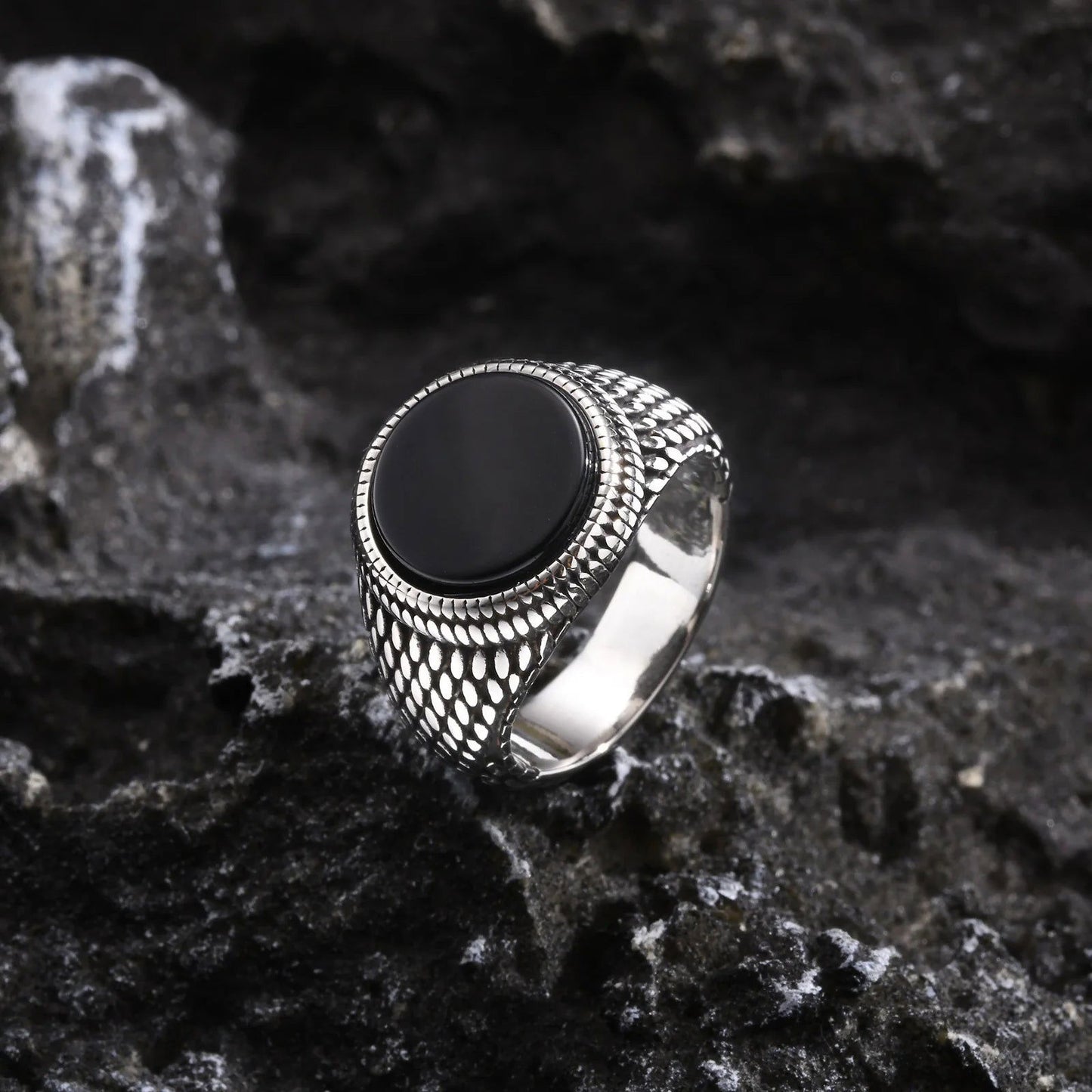 Round Mens Black Onyx Ring - Stainless Steel Silver - Unisex - That Rock Aesthetic