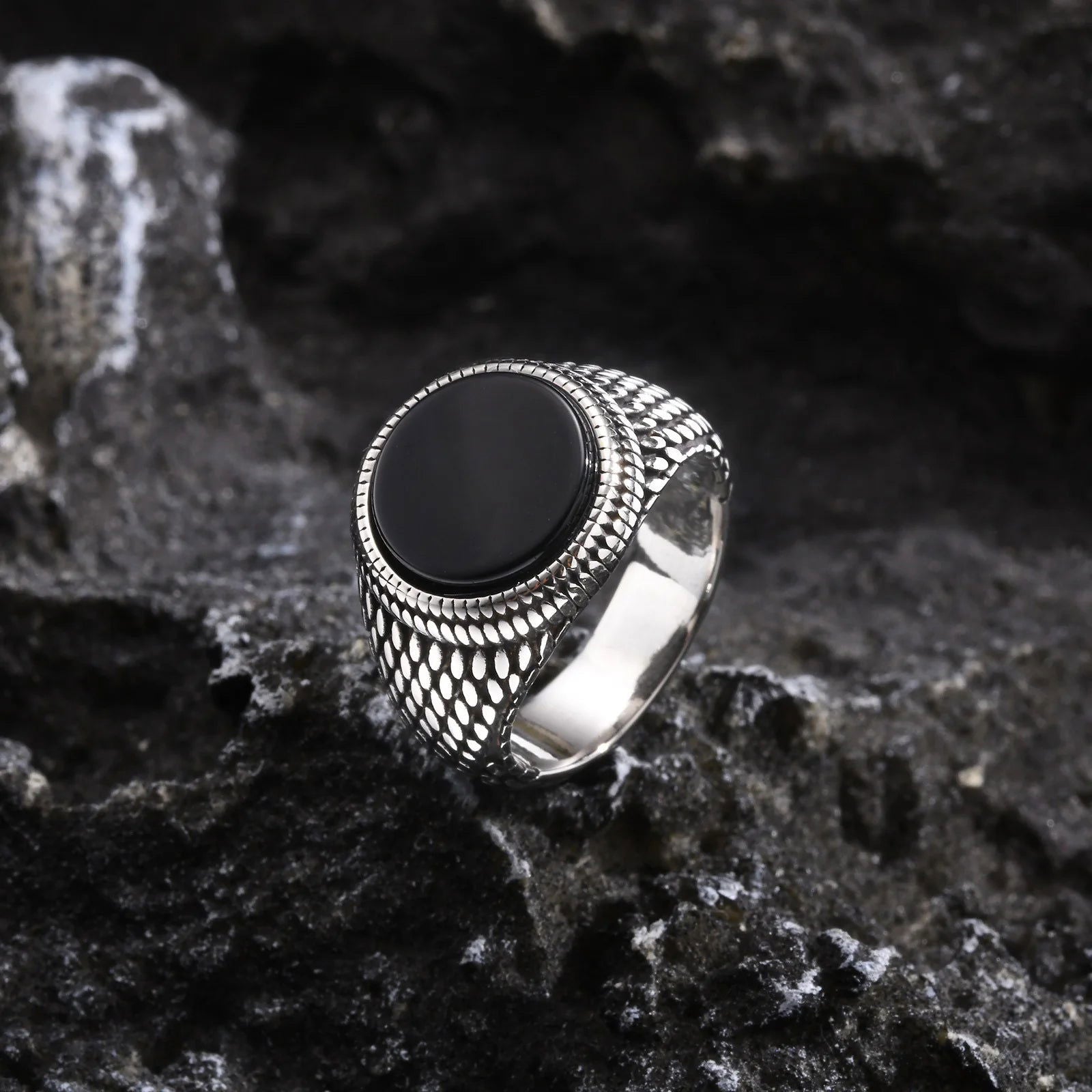 Round Mens Black Onyx Ring - Stainless Steel Silver - Unisex - That Rock Aesthetic