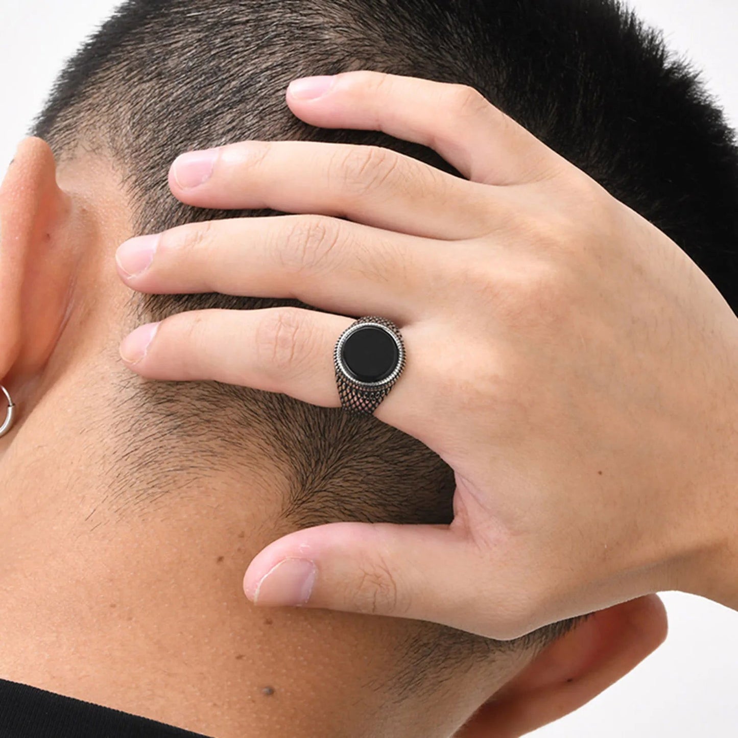 Round Mens Black Onyx Ring - Stainless Steel Silver - Unisex - That Rock Aesthetic