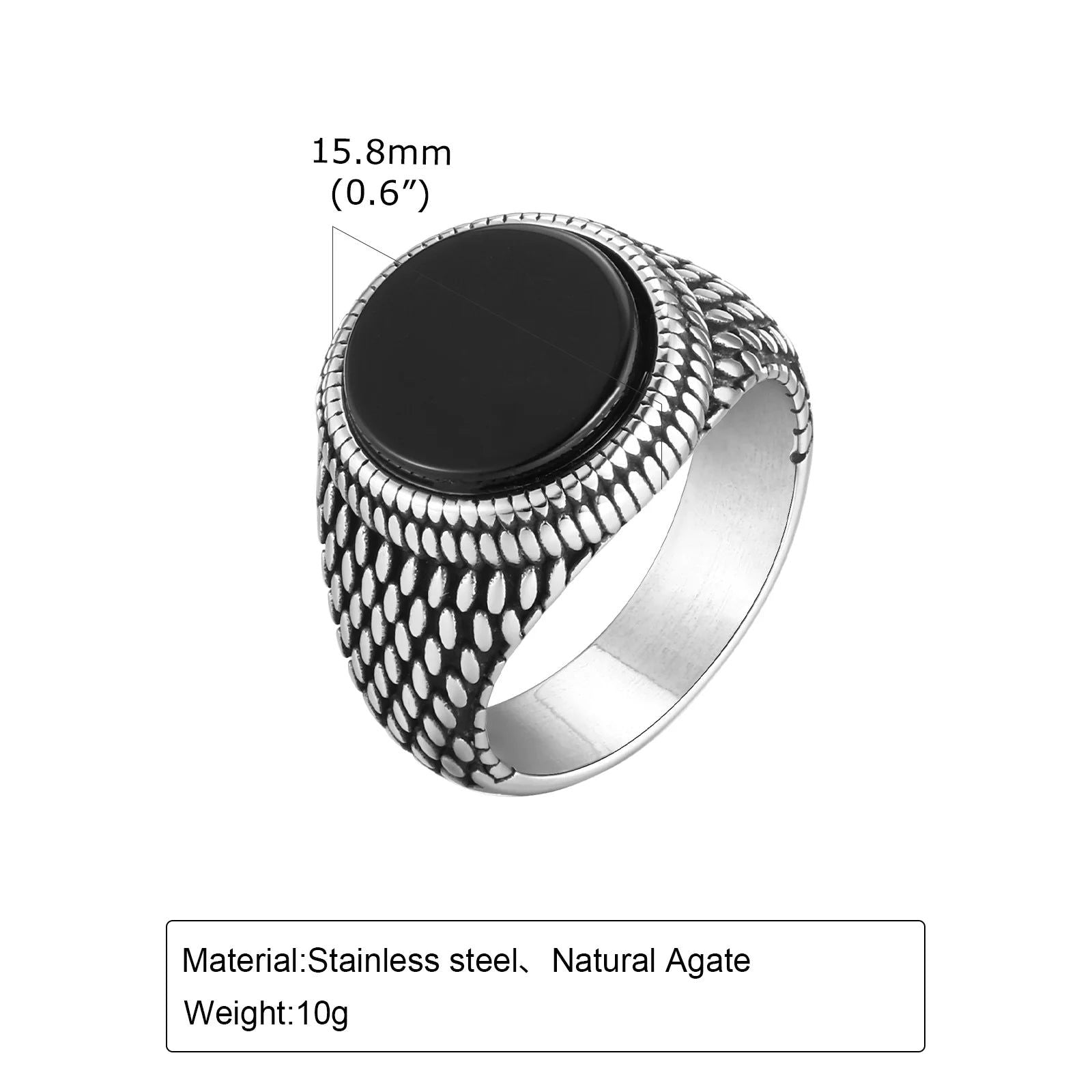 Round Mens Black Onyx Ring - Stainless Steel Silver - Unisex - That Rock Aesthetic