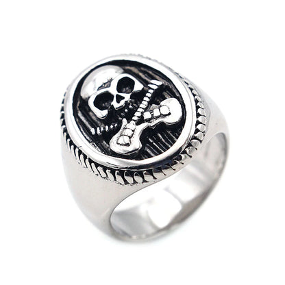 Skull Guitar Ring Grunge Signet Mens - Stainless Steel Silver - Unisex