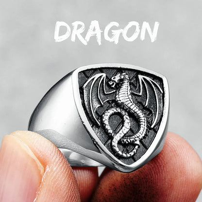 Dragon Ring Signet Mens - Stainless Steel Silver & Gold - Unisex