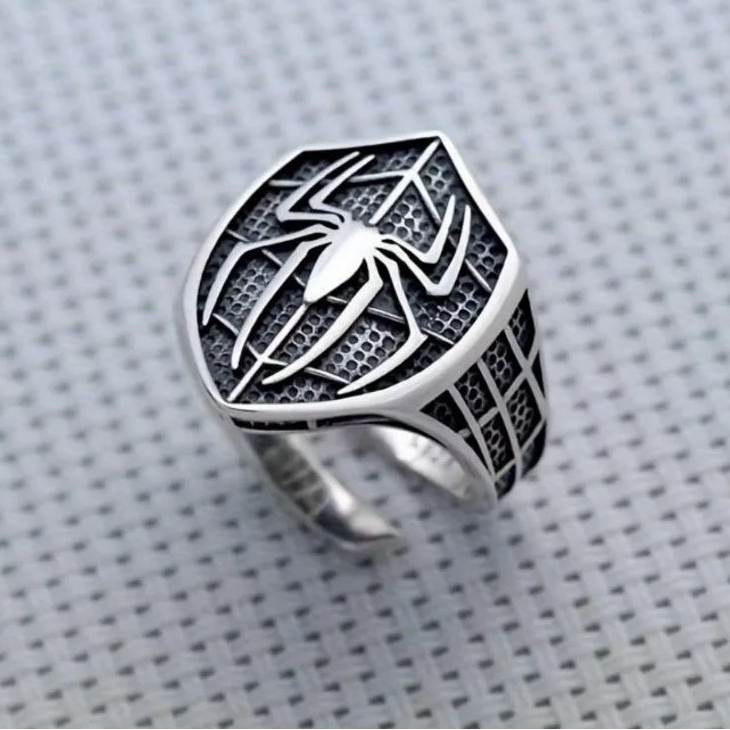 Spiderman Ring Signet Mens Marvel Ring - Silver & Ruby Red - Unisex - Adjustable