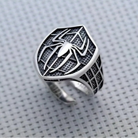 Spiderman Ring Signet Mens Marvel Ring - Silver & Ruby Red - Unisex - Adjustable