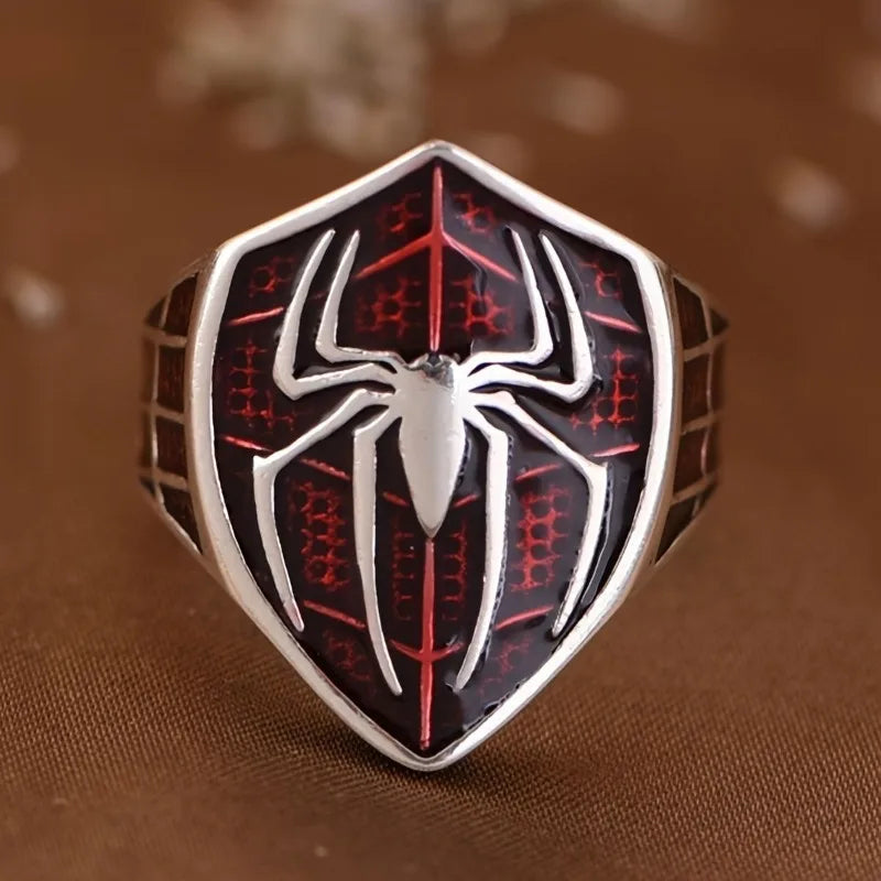 Spiderman Ring Signet Mens Marvel Ring - Silver & Ruby Red - Unisex - Adjustable
