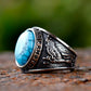 Turquoise Wolf Hawk Viking Rune Mens Ring - Stainless Steel Silver - Unisex