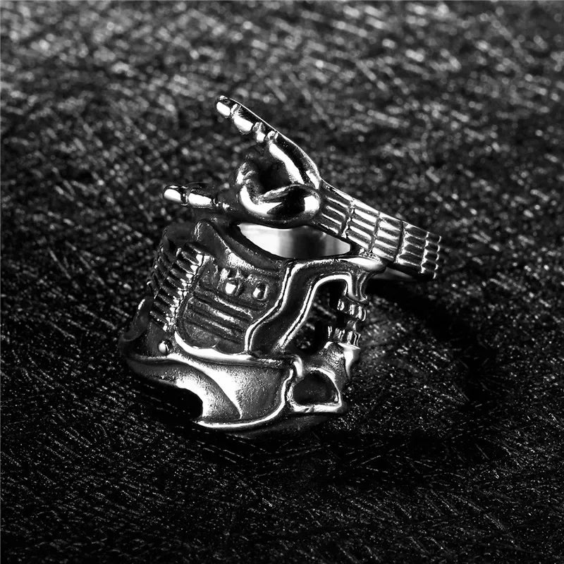 Devil Horn Electric Guitar Wraparound Mens Ring - Silver - Unisex - Adjustable