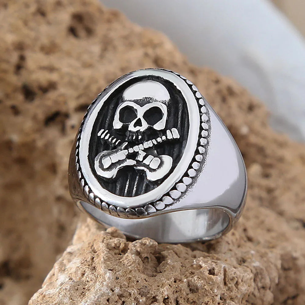 Skull Guitar Ring Grunge Signet Mens - Stainless Steel Silver - Unisex