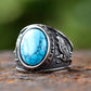 Turquoise Wolf Hawk Viking Rune Mens Ring - Stainless Steel Silver - Unisex