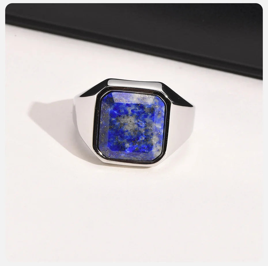 Blue Lapis Lazuli Gemstone Square Mens Signet Ring - Stainless Steel Silver - Unisex