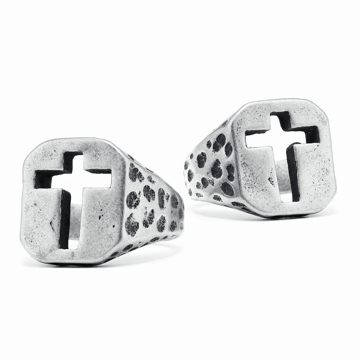 Vintage Spotted Cutout Christian Cross Ring Mens - Stainless Steel Silver - Unisex