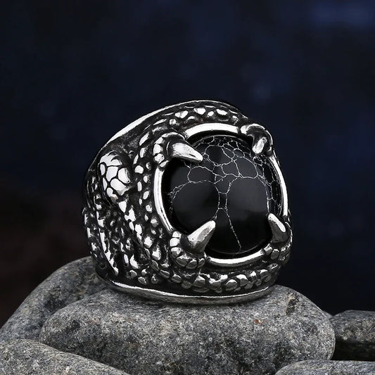 Snake Fang Black Onyx Mens Gemstone Ring - Stainless Steel Silver - Unisex