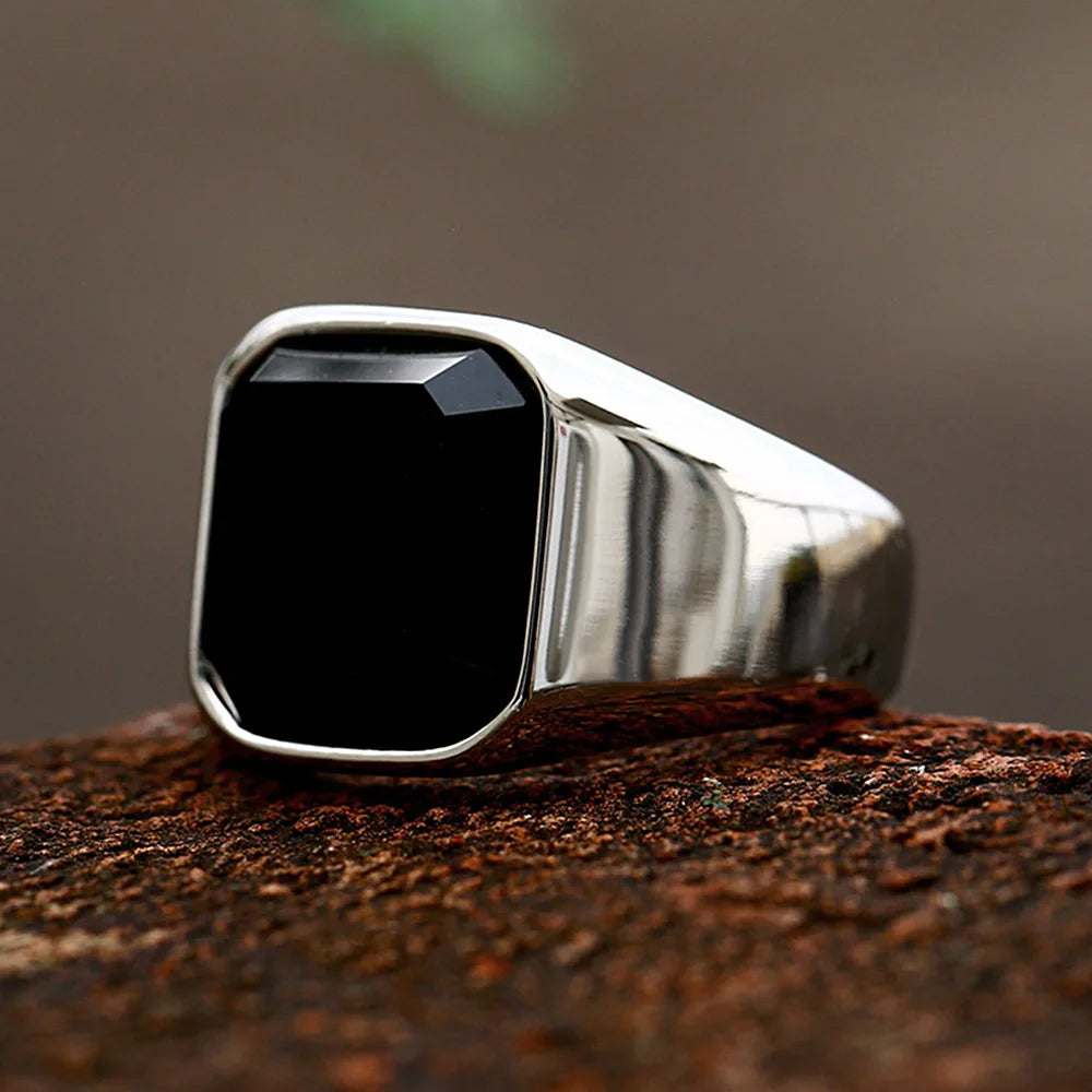 Black Onyx Gemstone Square Mens Ring - Stainless Steel Silver - Unisex