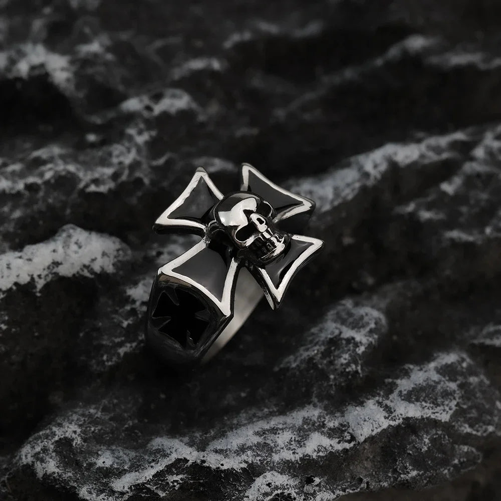 Skull Iron Cross Biker Ring Mens - Stainless Steel Silver - Unisex