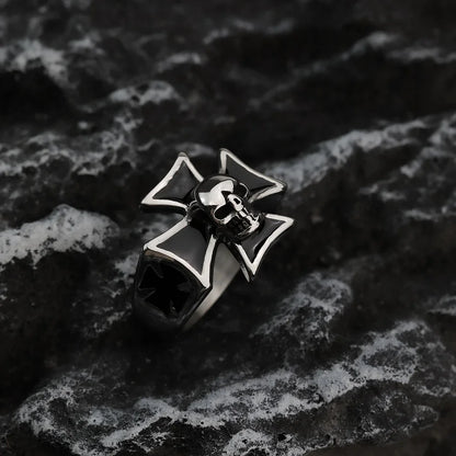 Skull Iron Cross Biker Ring Mens - Stainless Steel Silver - Unisex