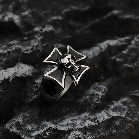 Skull Iron Cross Biker Ring Mens - Stainless Steel Silver - Unisex