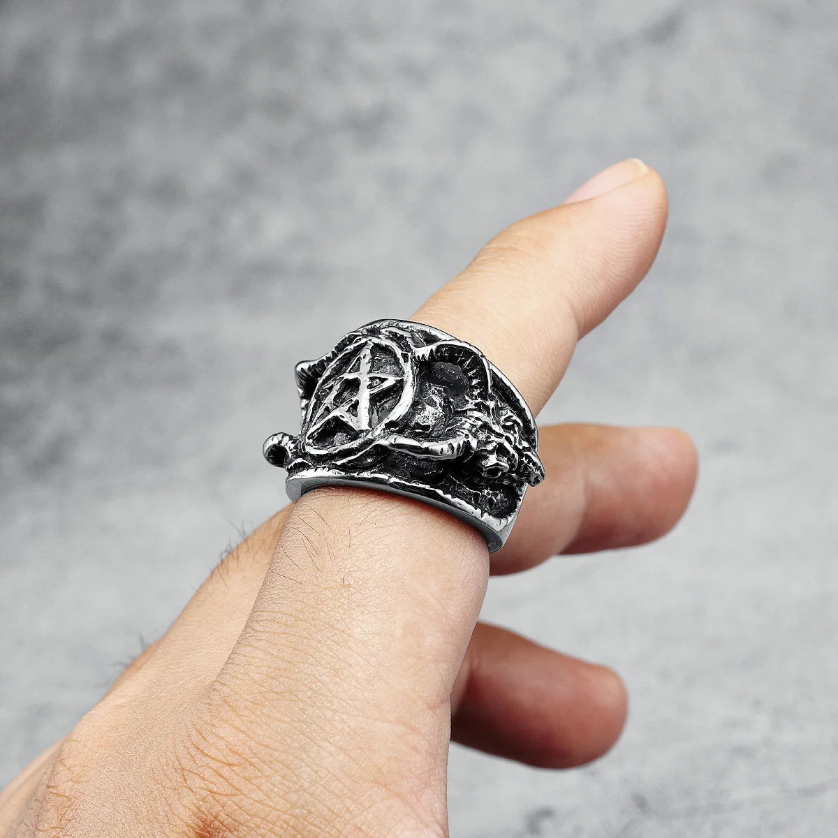Satanic Devil Pentagram Ring Gothic Mens - Stainless Steel Silver - Unisex
