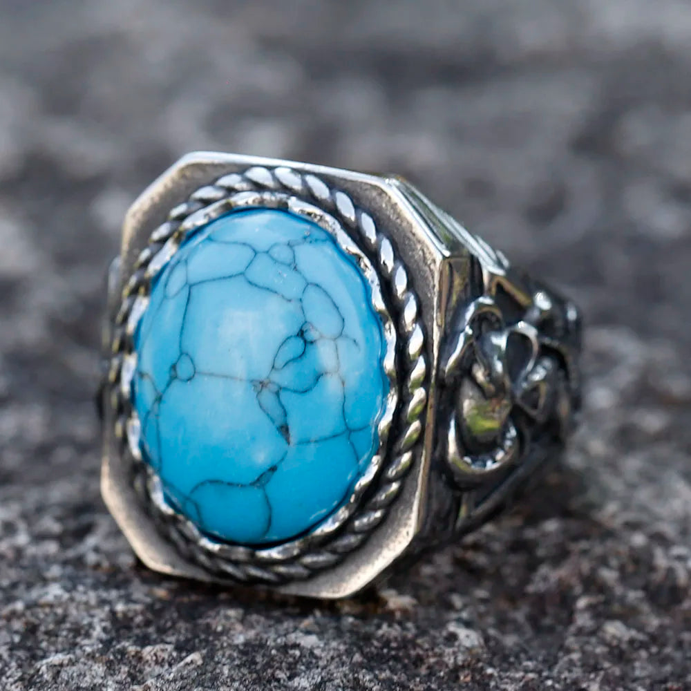 Turquoise Skull Snake Gemstone Mens Ring - Stainless Steel Silver - Unisex