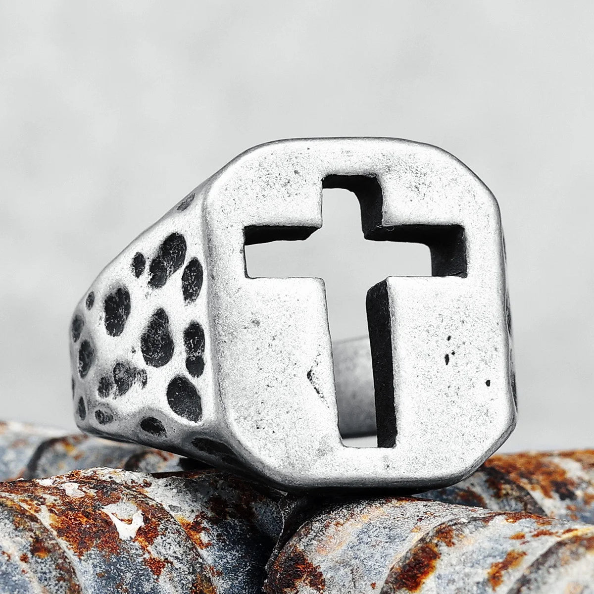 Vintage Spotted Cutout Christian Cross Ring Mens - Stainless Steel Silver - Unisex