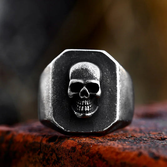 Gothic Mens Skull Ring Octagonal - Stainless Steel Silver - Unisex