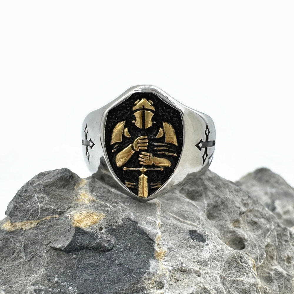 Knight Ring Medieval Sword Mens - Stainless Steel Silver & Gold - Unisex