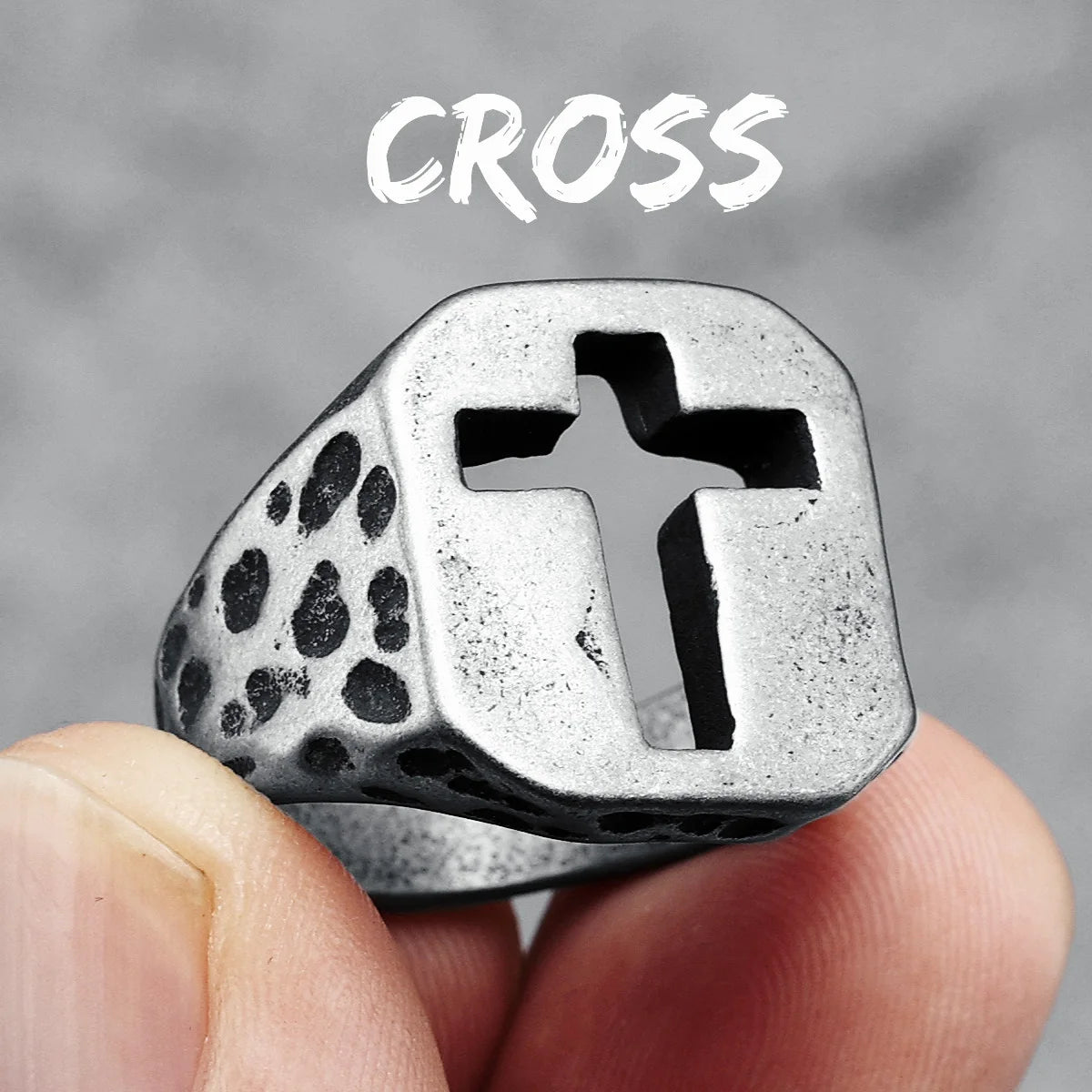 Vintage Spotted Cutout Christian Cross Ring Mens - Stainless Steel Silver - Unisex