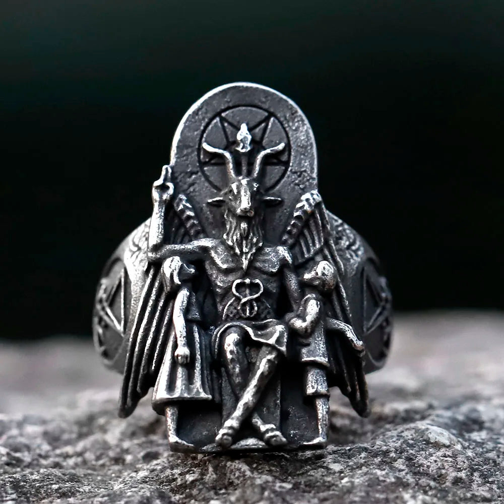 Satanic Throne of Baphomet Ring Mens - Stainless Steel Silver - Unisex