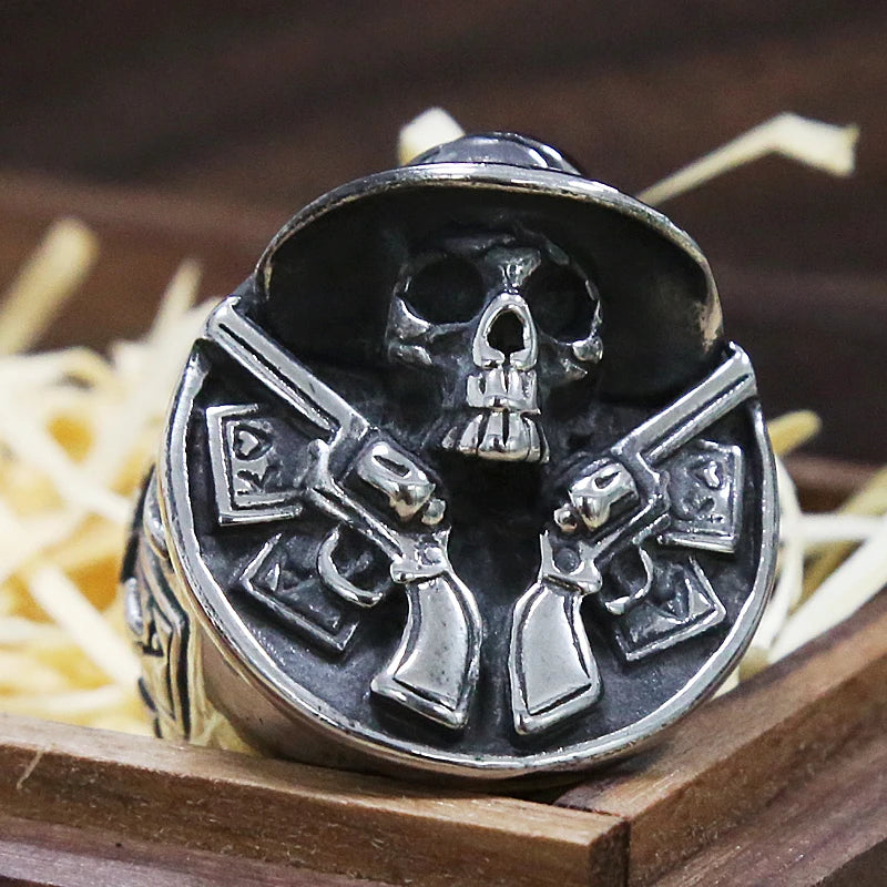 Skull Gun Cowboy Ring Mens - Stainless Steel Silver - Unisex