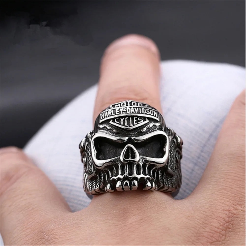 Skull Harley Davidson Ring Mens Biker Pistol Gun - Silver & Gold - Unisex