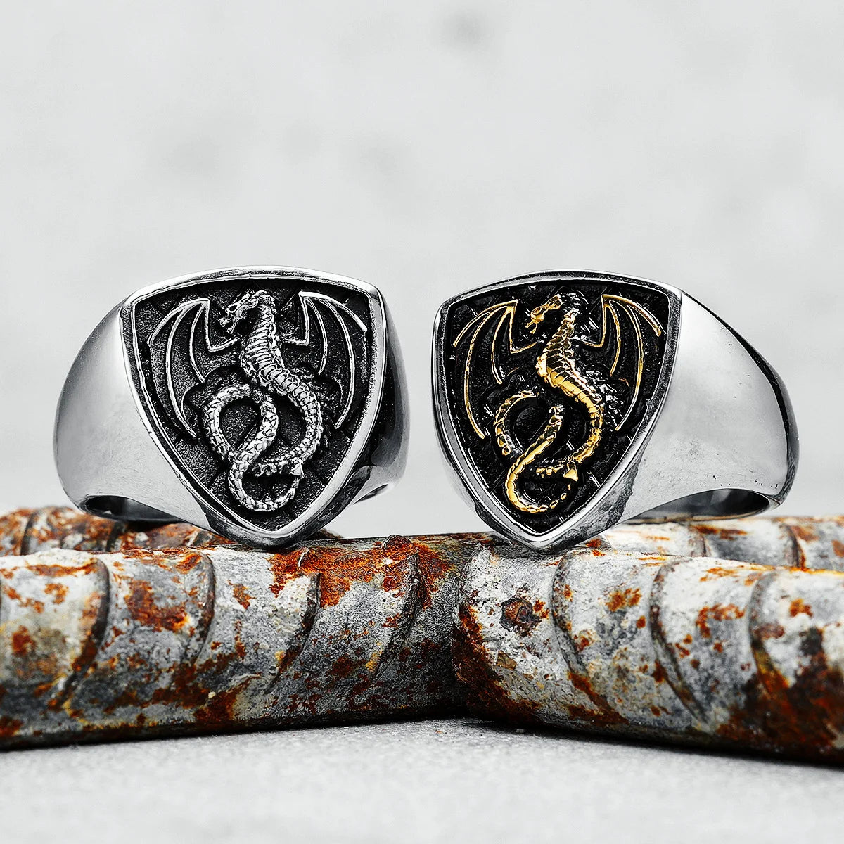 Dragon Ring Signet Mens - Stainless Steel Silver & Gold - Unisex