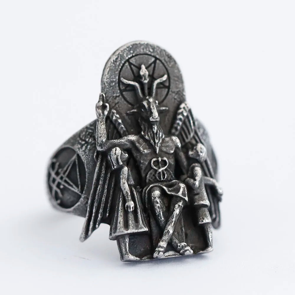 Satanic Throne of Baphomet Ring Mens - Stainless Steel Silver - Unisex