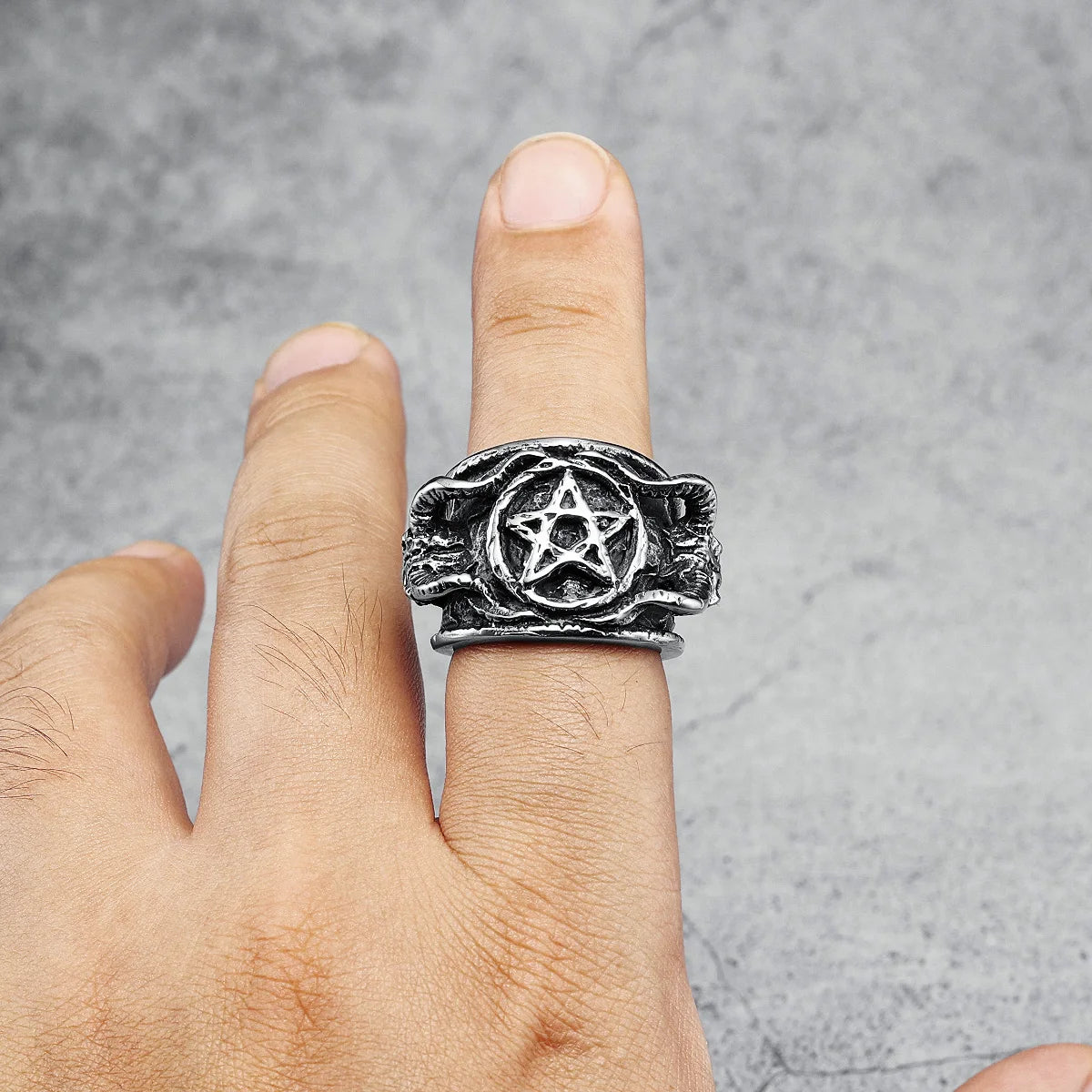 Satanic Devil Pentagram Ring Gothic Mens - Stainless Steel Silver - Unisex
