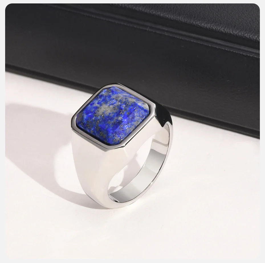 Blue Lapis Lazuli Gemstone Square Mens Signet Ring - Stainless Steel Silver - Unisex